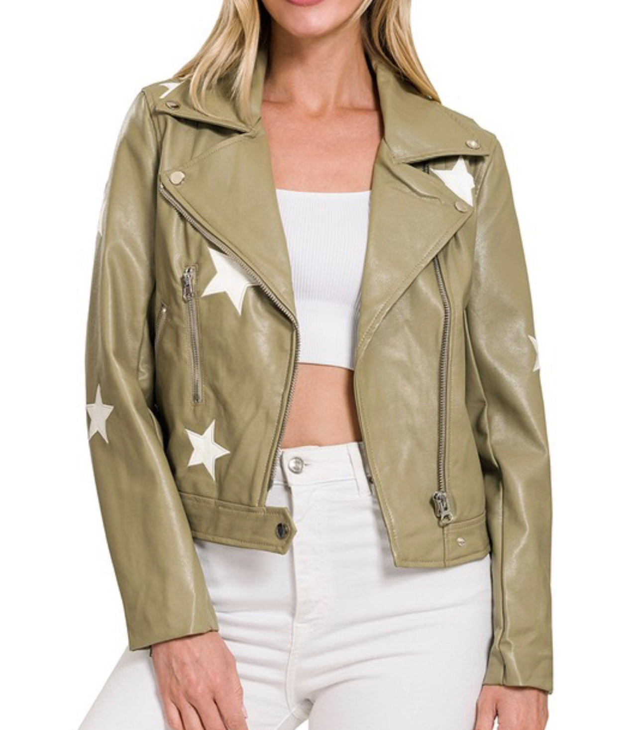 Khaki Star Faux Leather Jacket