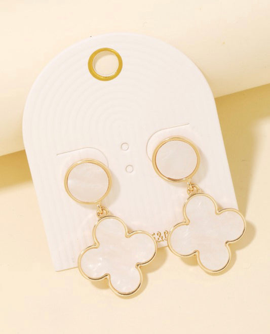 White Pearly Clover Charm Dangle Earrings